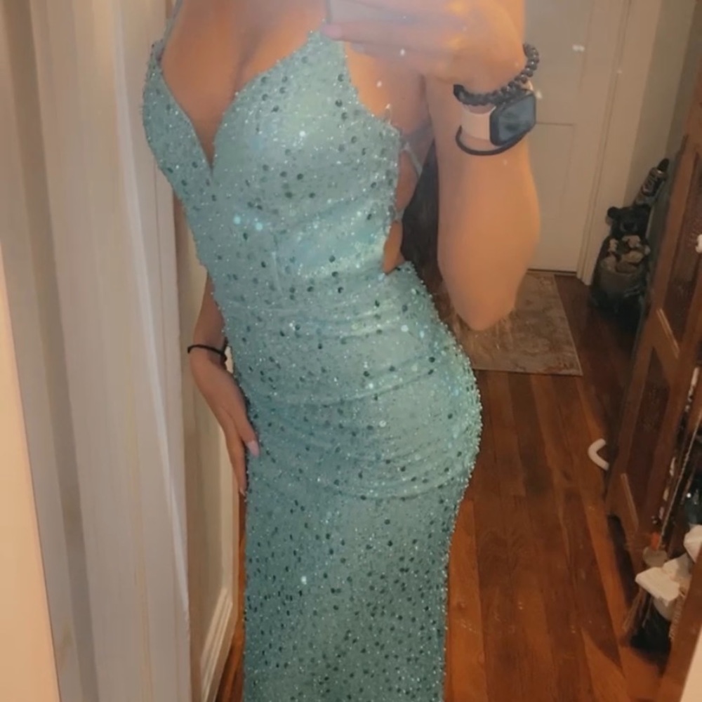 Blue Sequined Backless High Slit Pro Dress